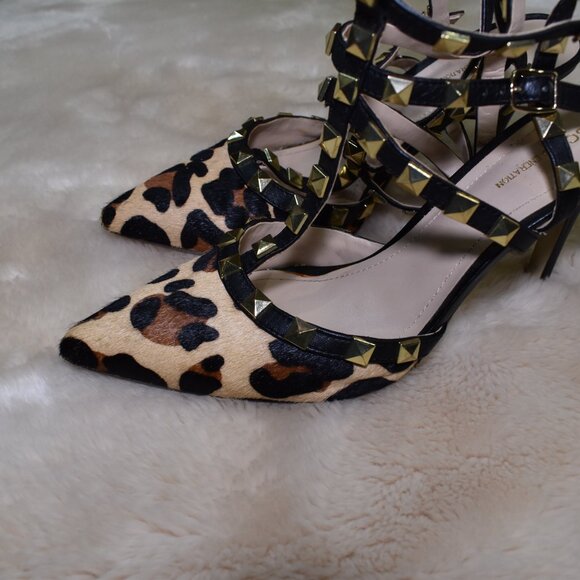 BCBG Darron Leopard Studded Strappy Stiletto Heels 7.5 Pointed Toe - Picture 4 of 11